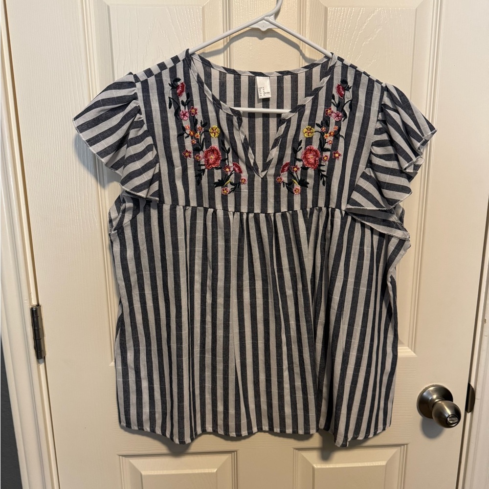 Striped Ruffle Sleeve Top with Floral Embroidery - Picture 2 of 7